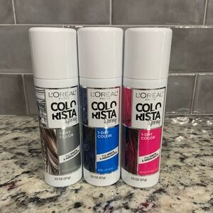 L'Oreal Set of 3 Colorista 1-Day Spray Hair Color Trio -Silver, Blue, Pink- BNWT